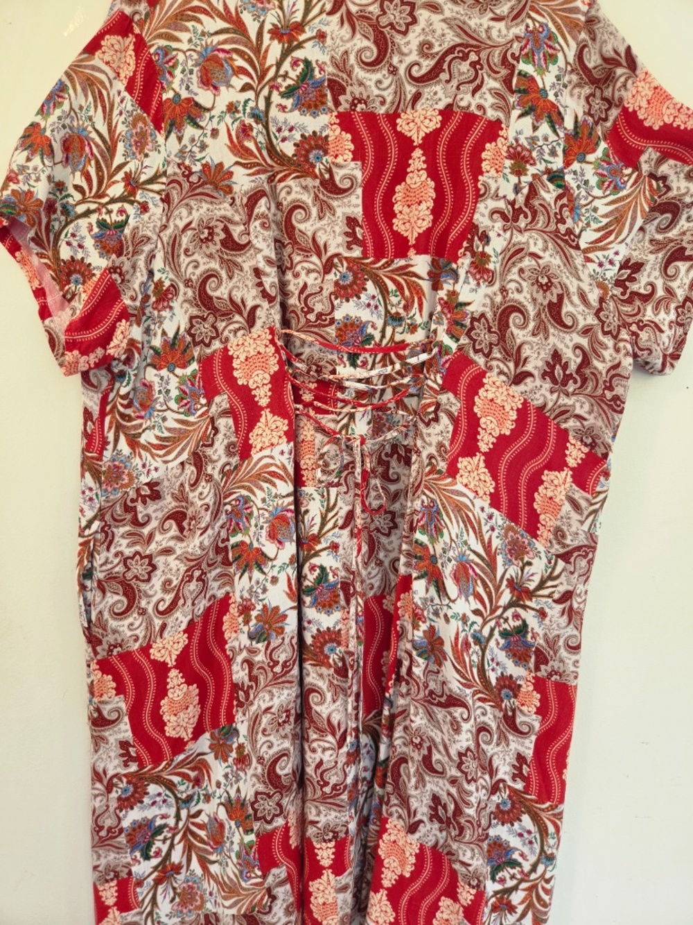 LINEN/BAMBOO midi dress 3X patchwork short sleeve pockets A line boho laced - Picture 8 of 10